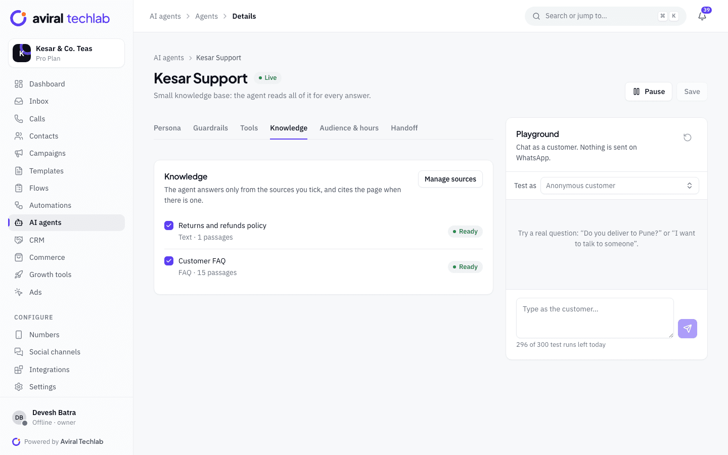 The agent’s Knowledge tab listing a returns policy and a customer FAQ as ready sources, beside a playground for testing as a customer