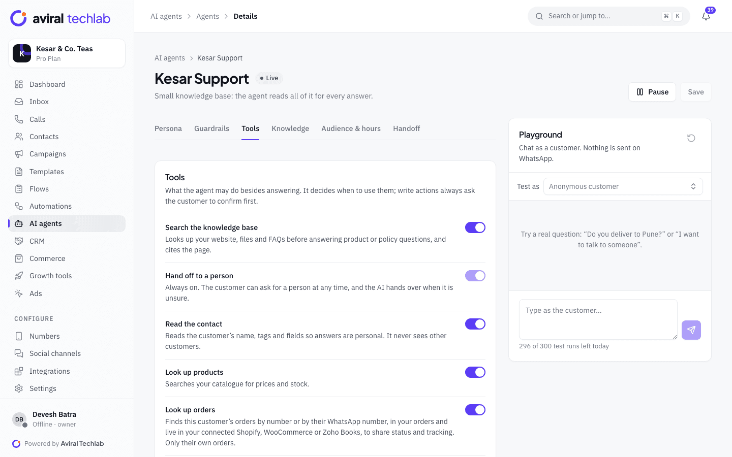 The agent’s Tools tab with switches for searching the knowledge base, handing off to a person, reading the contact, looking up products and looking up orders