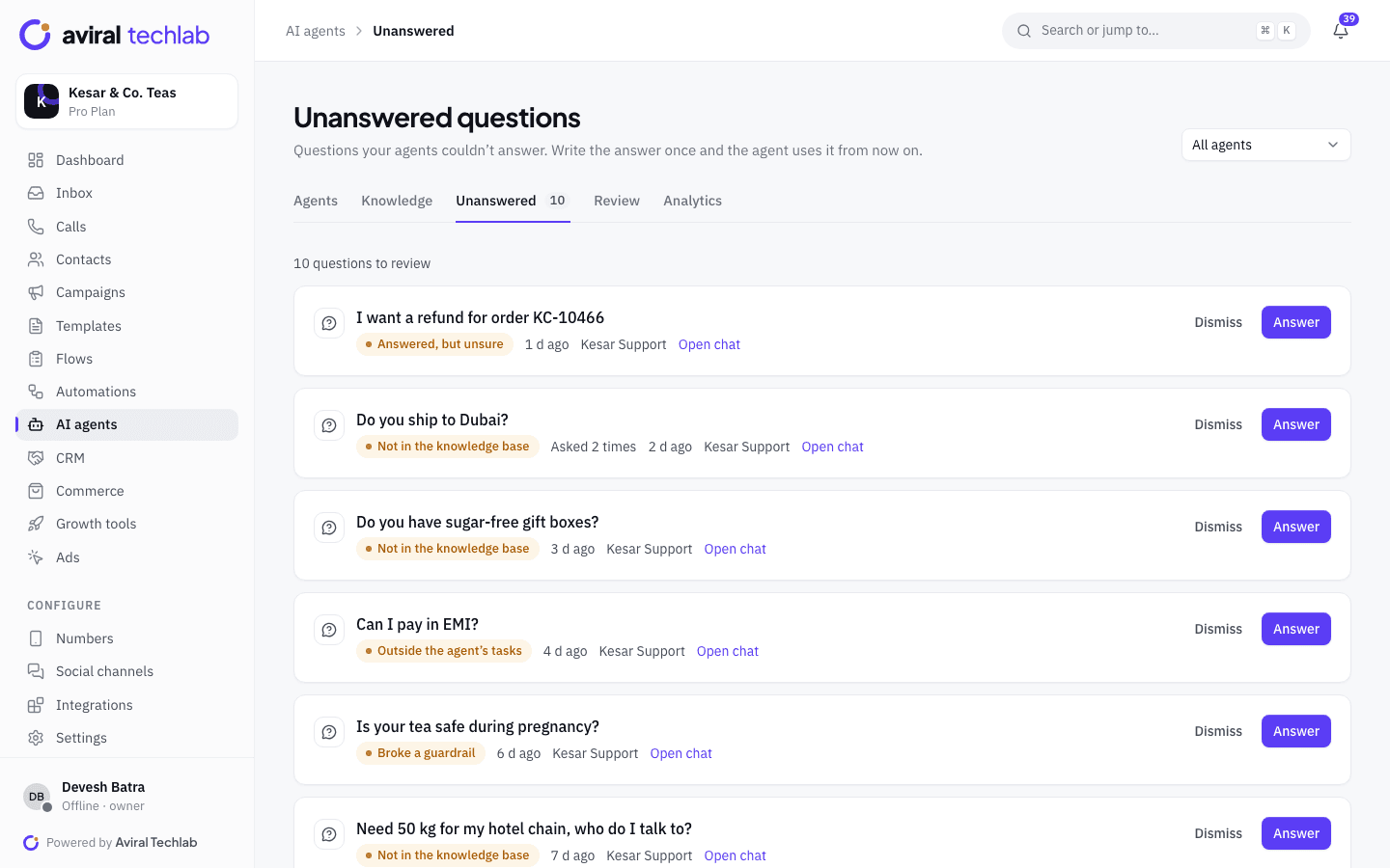 The Unanswered questions list showing customer questions the agent could not answer, each with the reason and Dismiss and Answer buttons