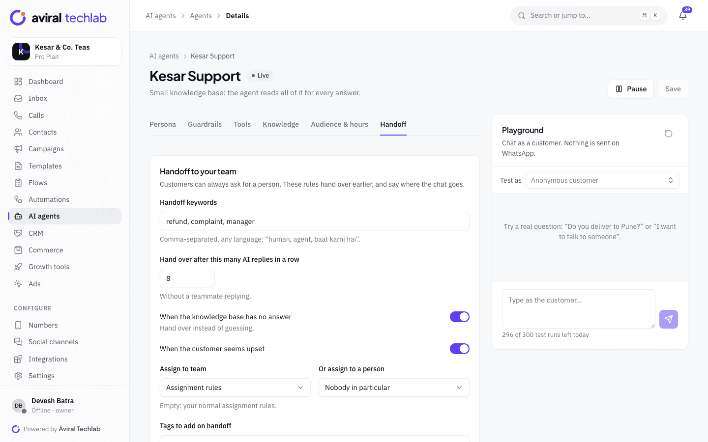 The AI agent handoff settings with keywords, a reply limit, handoff on unknown answers and an upset customer, and a test playground