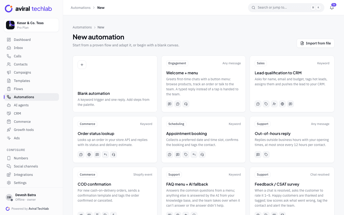 The new automation page with a blank canvas and ready-made flows such as welcome menu, lead qualification, order status lookup and COD confirmation