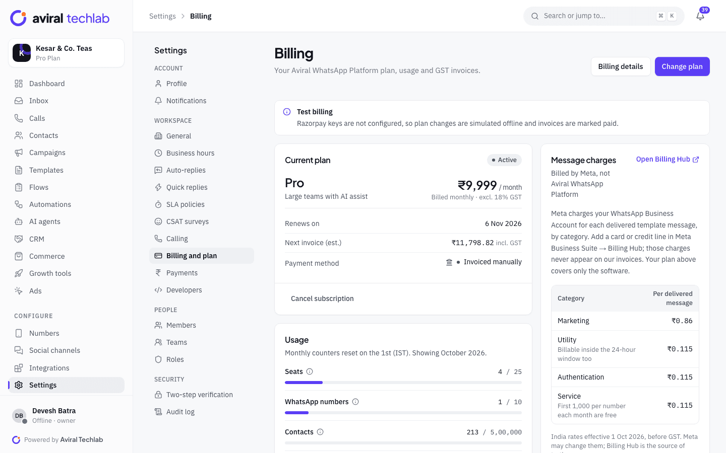 The Billing page showing the current plan, usage meters and a note that Meta bills message charges directly