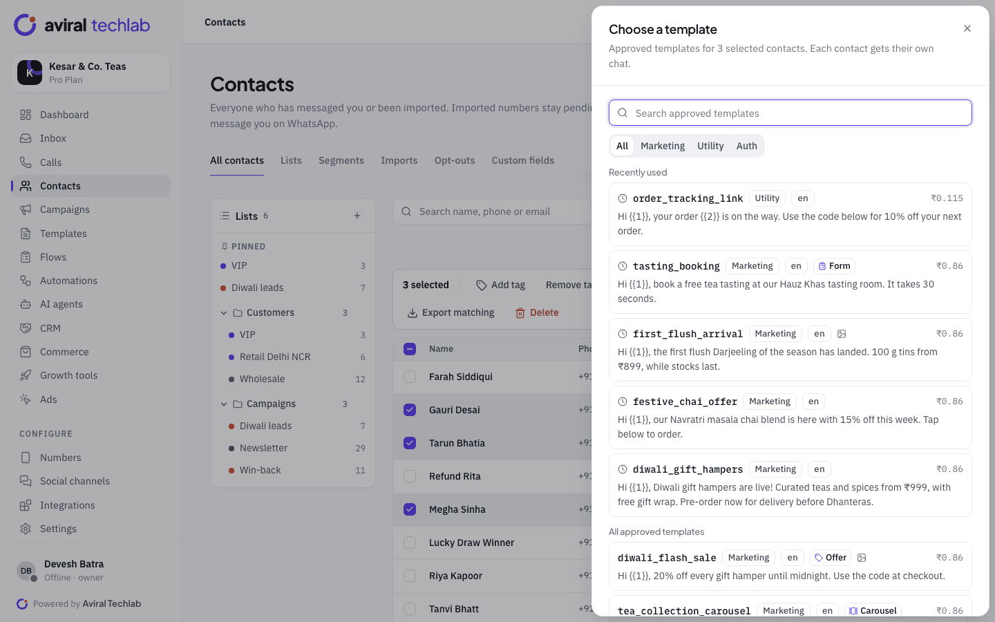 Sending a template to a selected list of contacts