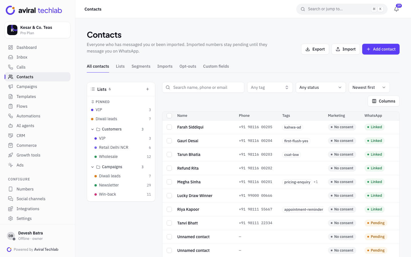 Contacts list with tags, lists and sources