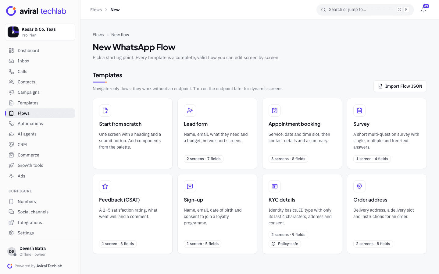 Choosing a WhatsApp Flow template, including lead form, appointment booking, KYC details and order address