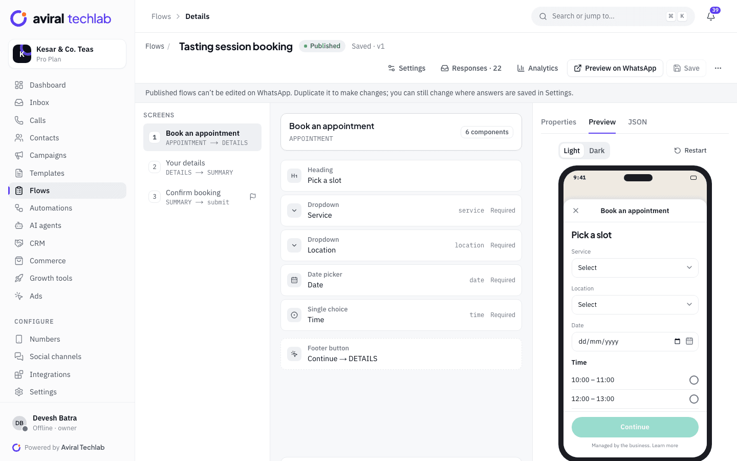 A WhatsApp Flow booking form with a phone preview showing service, location, date and time slots