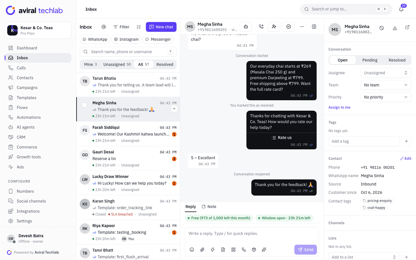 Aviral WhatsApp Platform team inbox with a customer conversation open