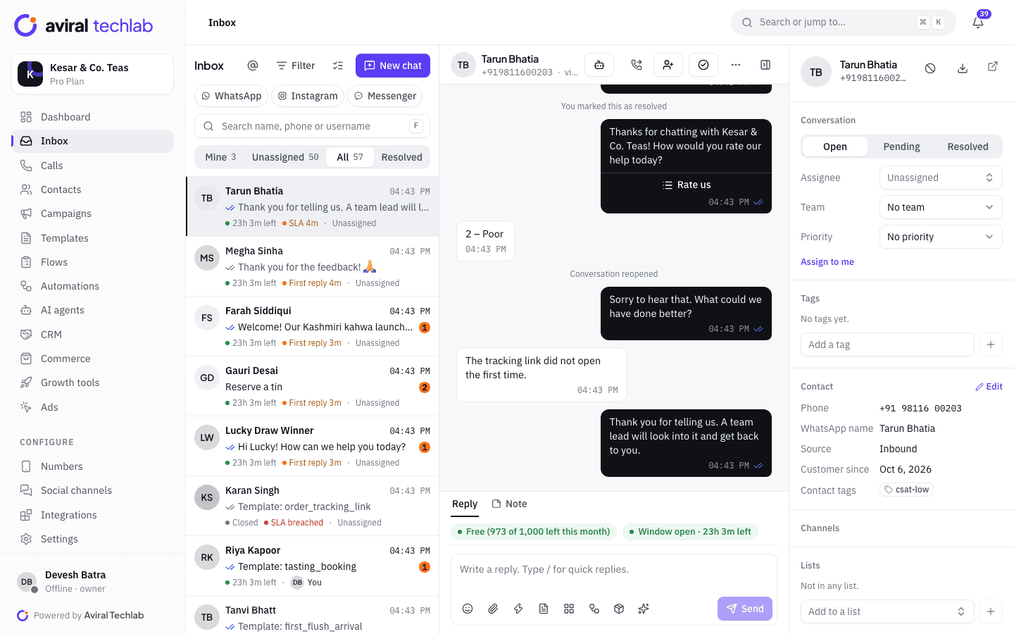 The shared inbox with first-reply timers, an SLA breached label and the contact panel