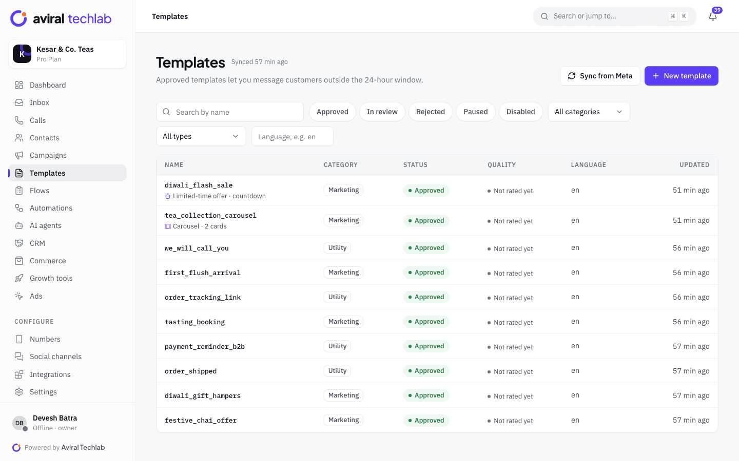 The templates list with category, approval status and quality rating for each template