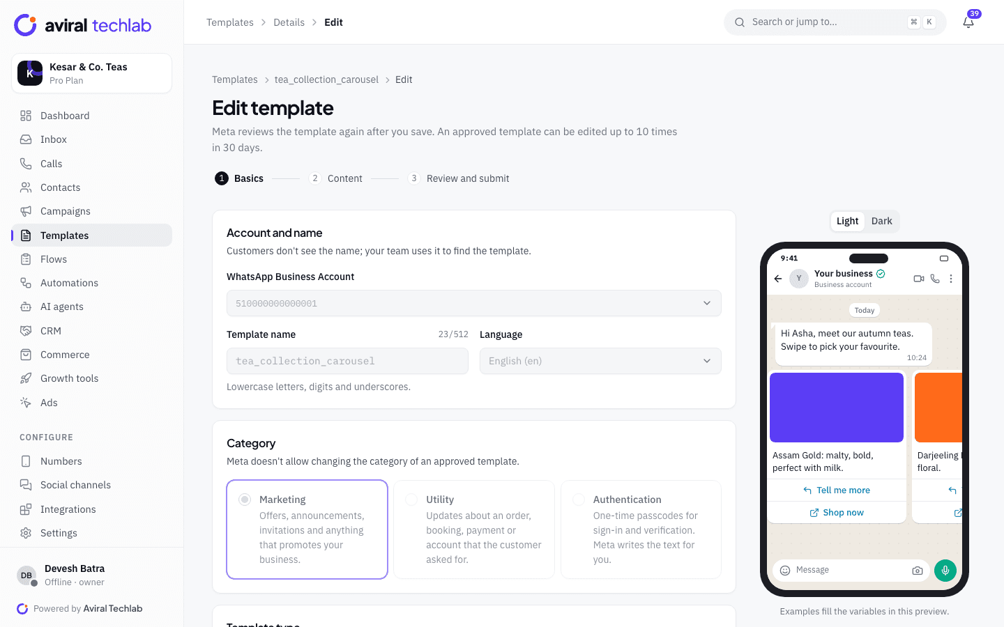 The template editor with a carousel template and a live WhatsApp phone preview showing two product cards