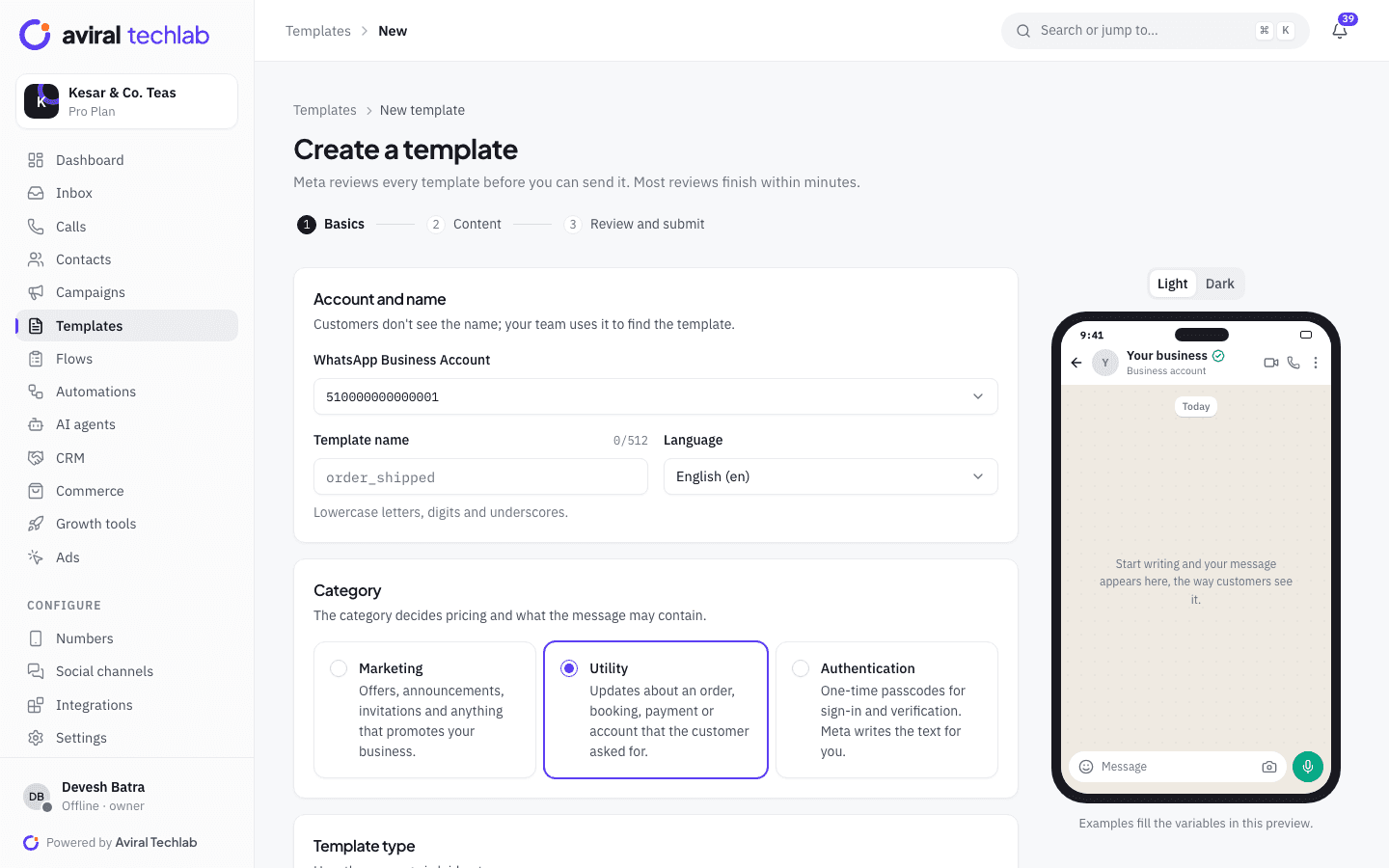 Creating a template and choosing between marketing, utility and authentication categories with a live phone preview